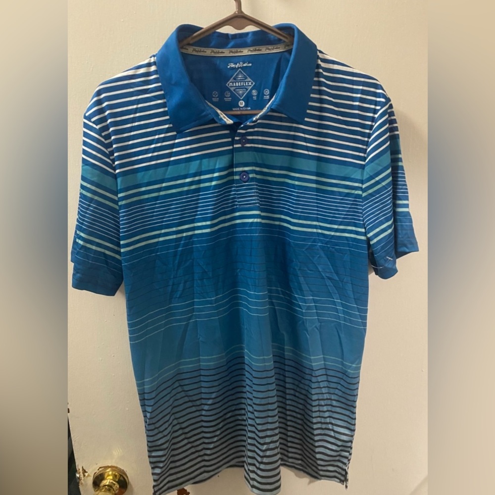 Flag & Anthem MadeFlex Men’s Blue White Striped Polo Shirt Short Sleeve Medium M